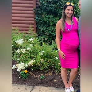 Medium Ingrid & Isabel Pink Ruched Midi Fitted Tank Top Maternity Dress